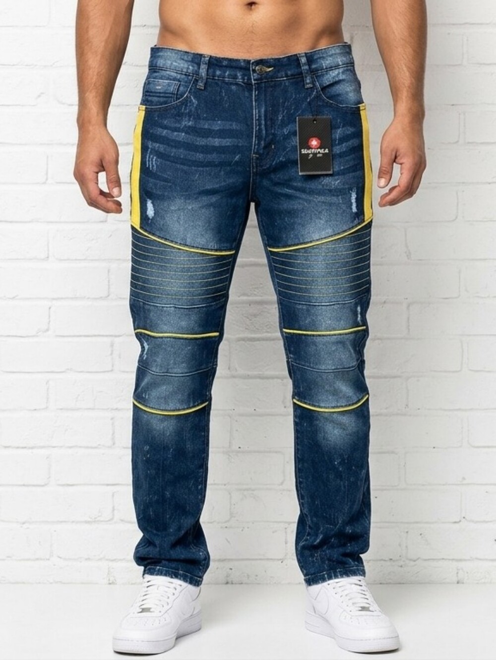 Men’s Southpole Skinny Moto Jeans - Yellow Stripe Accents, Biker Patch Knees NWT